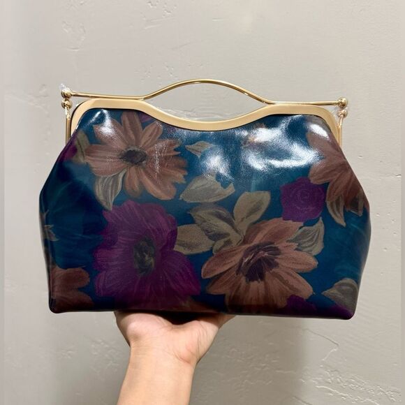 Floral Print Cowhide Leather Handmade Double Kisslock Top Handle Bag/Crossbody - Picture 2 of 15